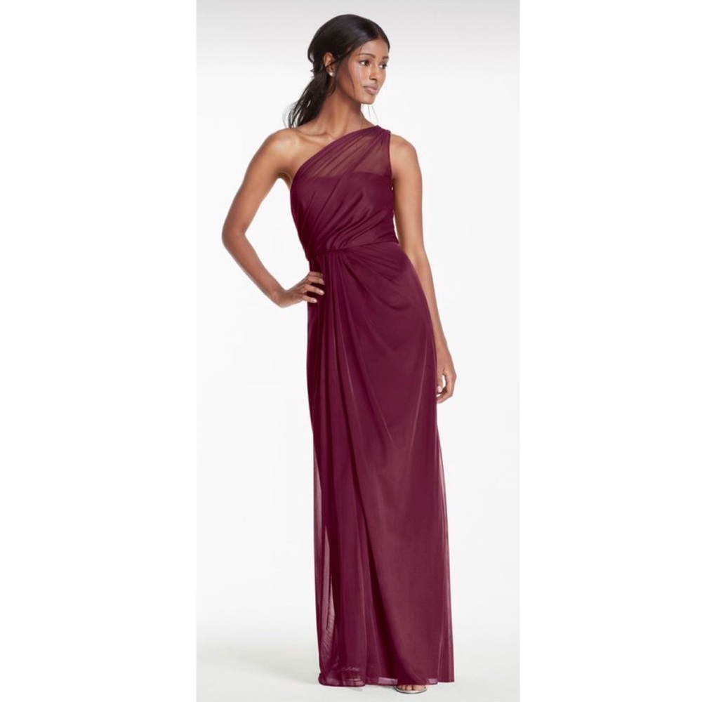 Wine colored bridesmaid dress.
